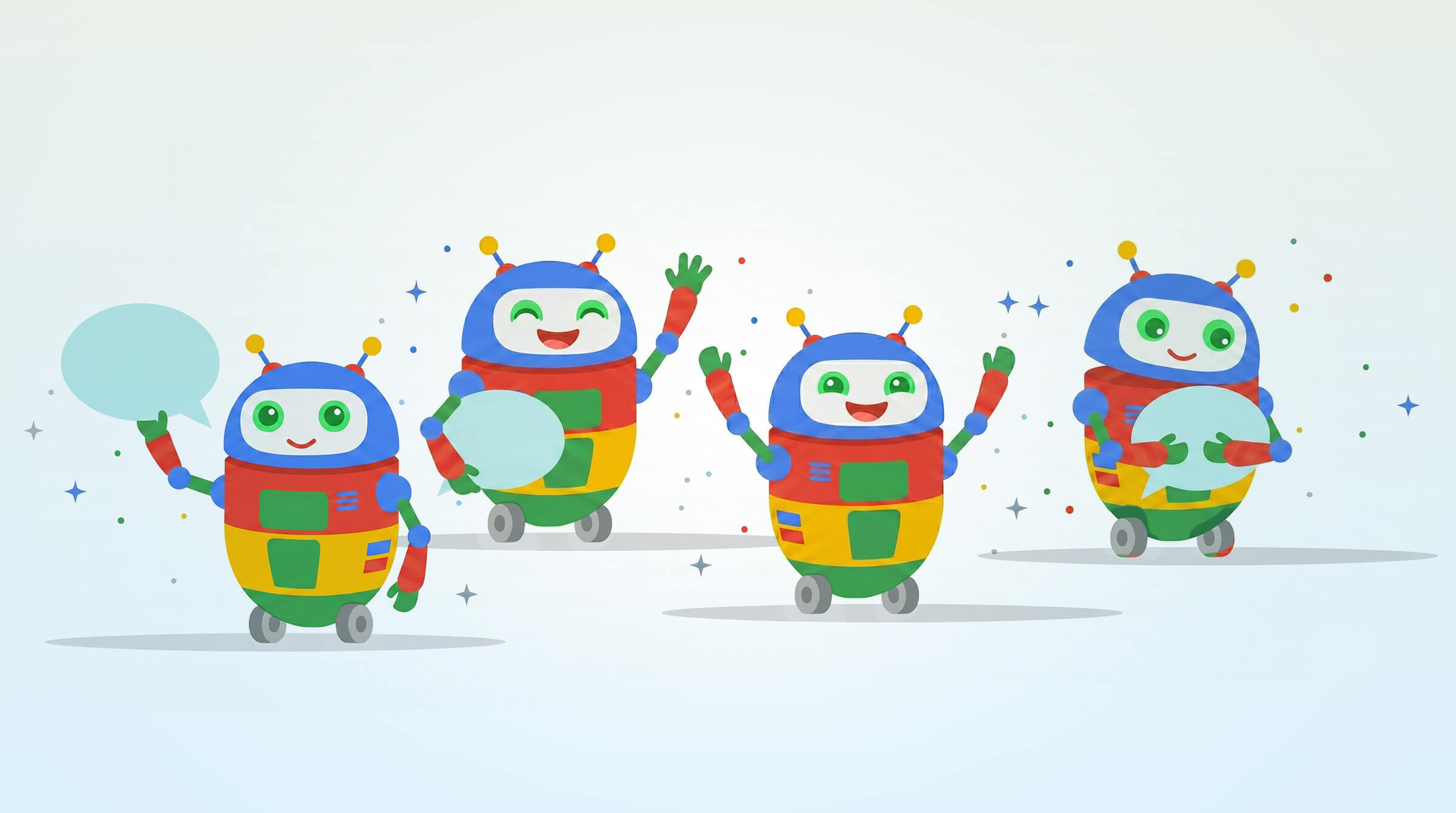 Cute cartoon search robots cheering with confetti